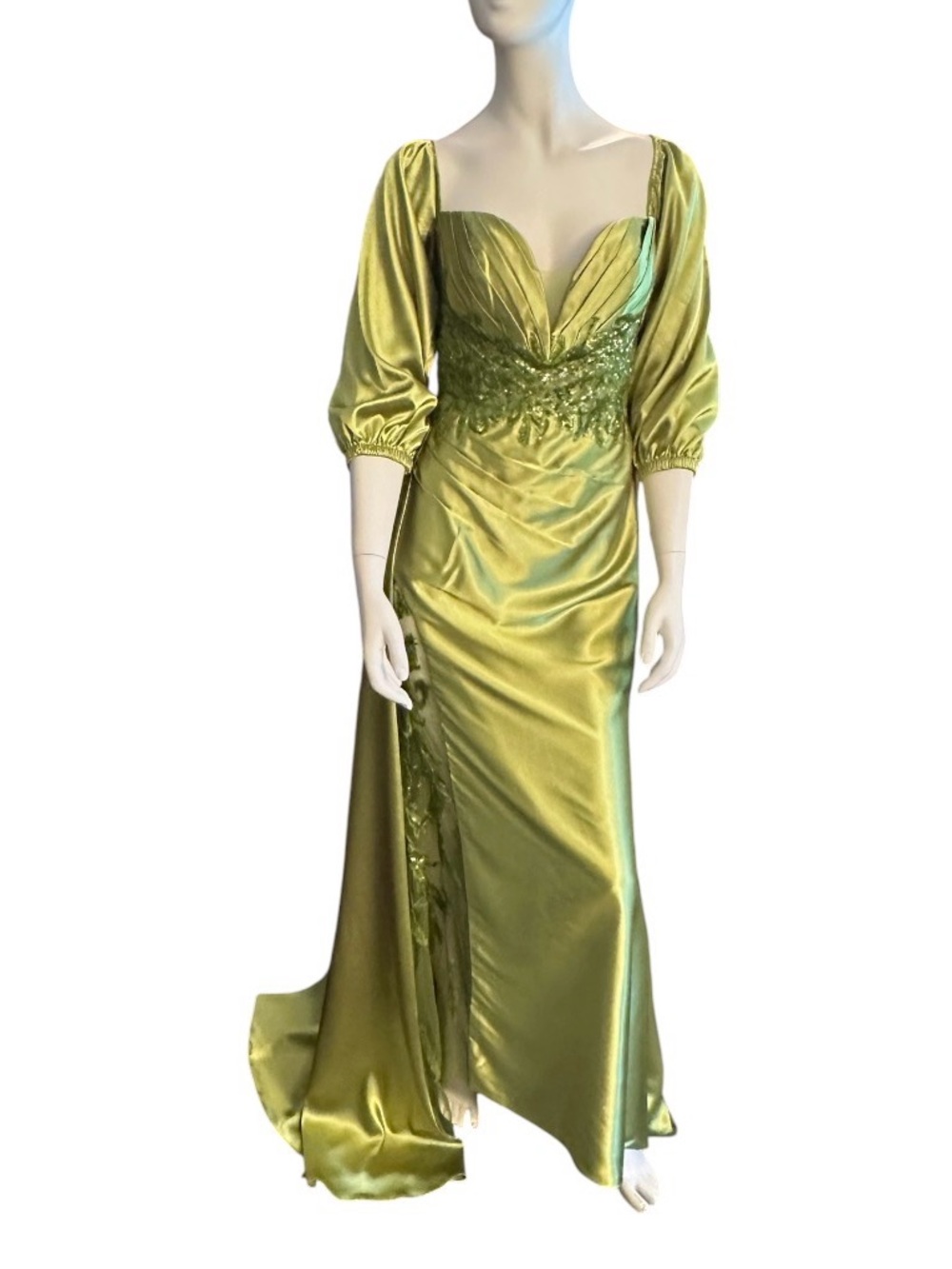 Stunning Satin Sweetheart Neckline Beaded Waist Puff Sleeve Chartreuse NWOT